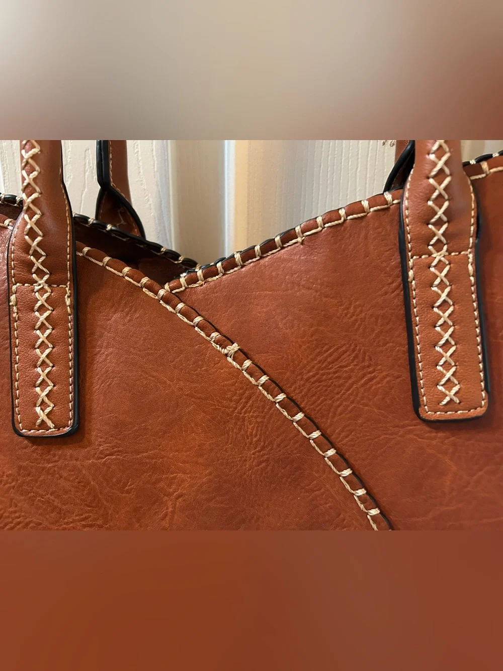 Natural Brown Vegan Leather Shoulder Bag w/large accessory bag 12”x 16” Pristine